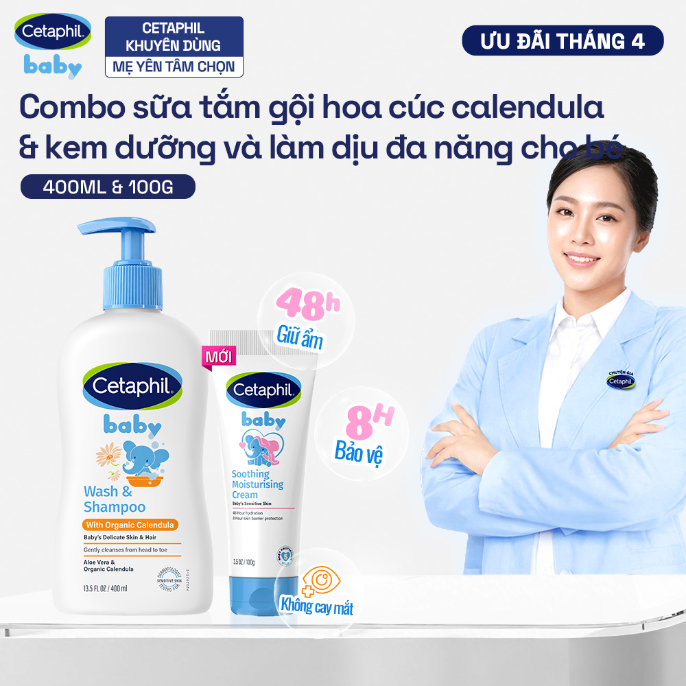 Combo Sữa tắm dưỡng ẩm dịu lành với Calendula hoa cúc hữu cơ 400ML  Kem làm dịu và dưỡng ẩm đa năng cho bé 100G
