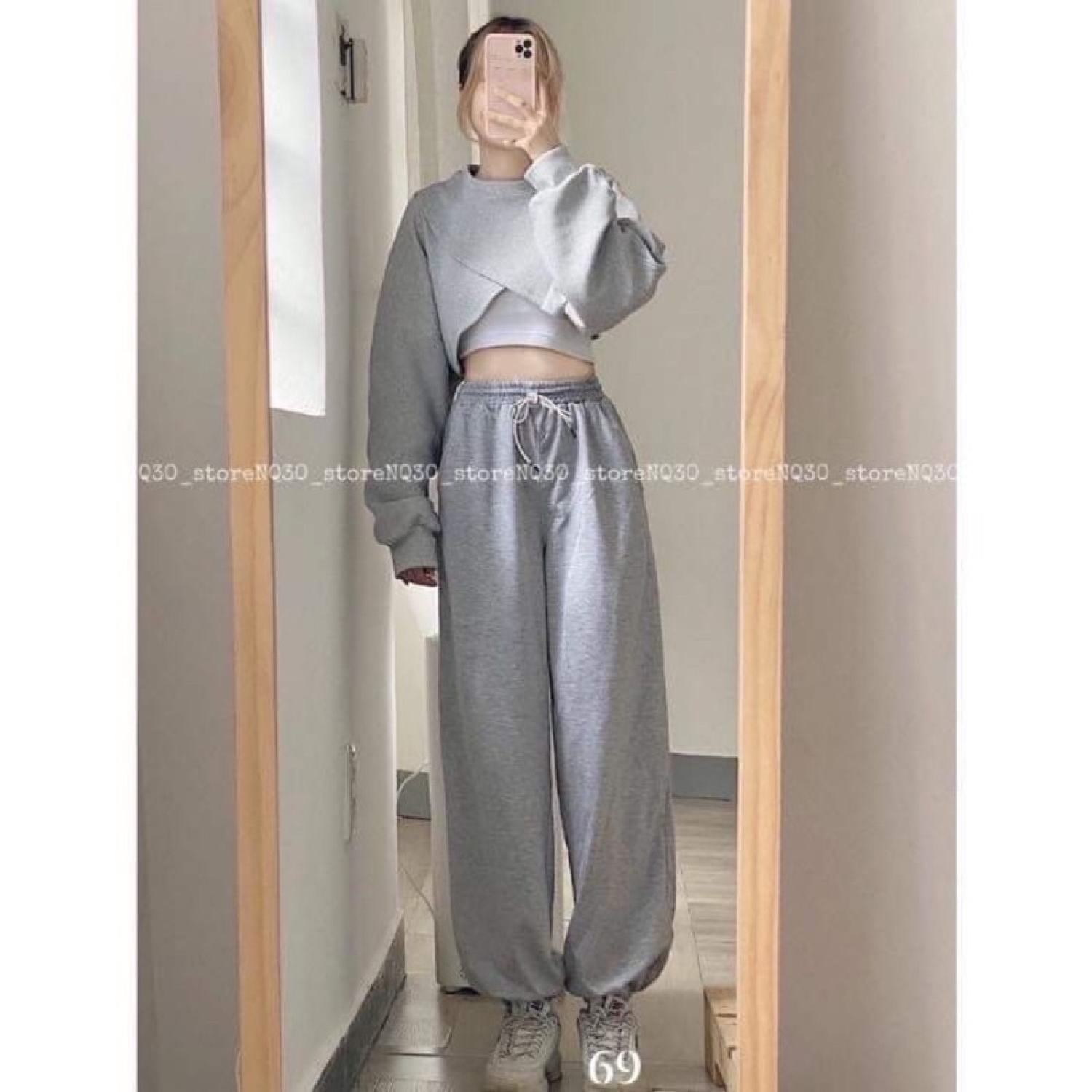 Set Croptop Tay Bồng Quần Bo Chun- Set 3 Món Tay Phồng Quần Nỉ Ulzzang