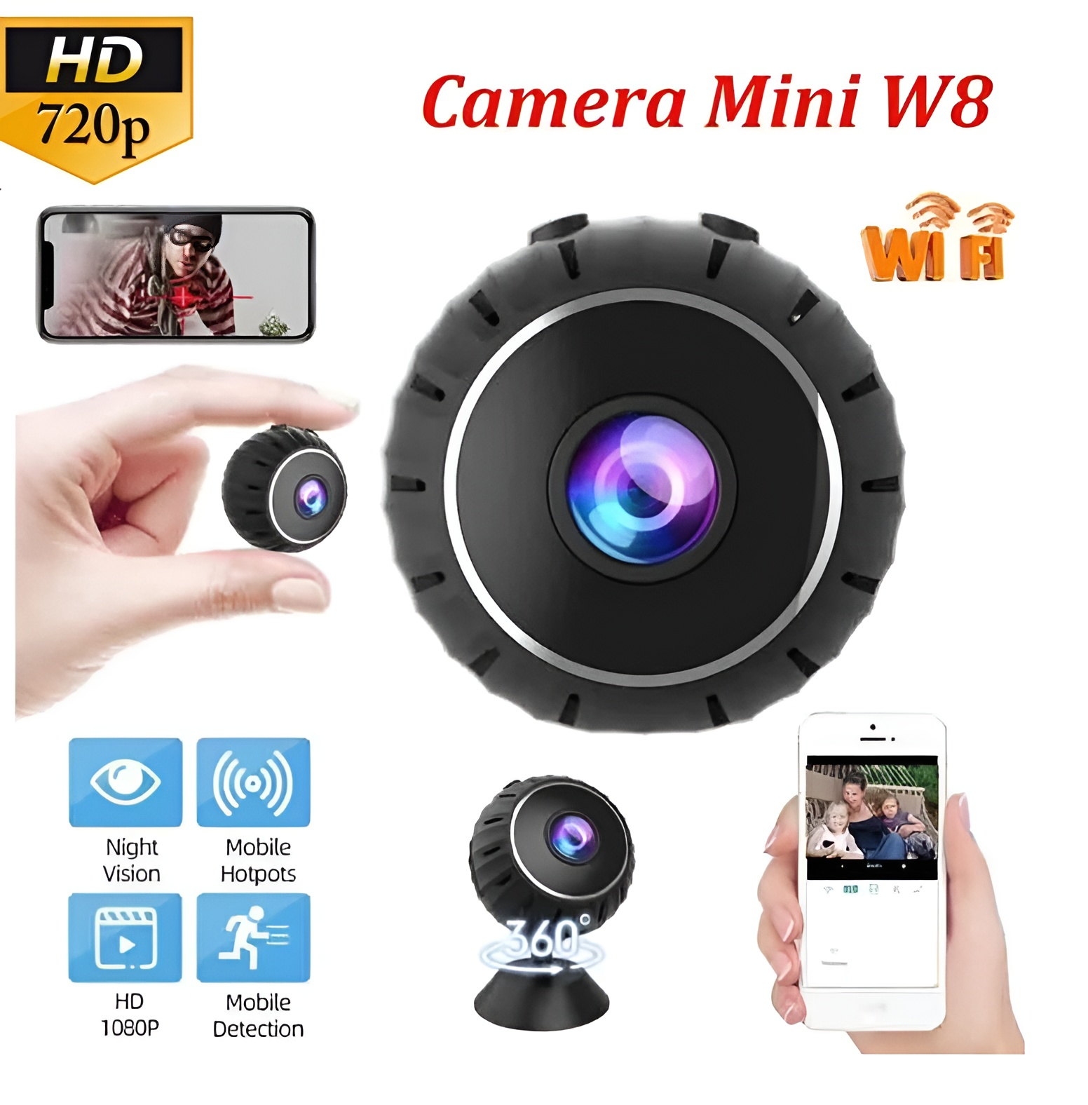 ] Camera mini wifi mini siêu nhỏ W8 720P, camera an ninh 360 độ tầm nhìn ban đêm camera không dây theo dõi từ xa ứng dụng điện thoại app 365cam