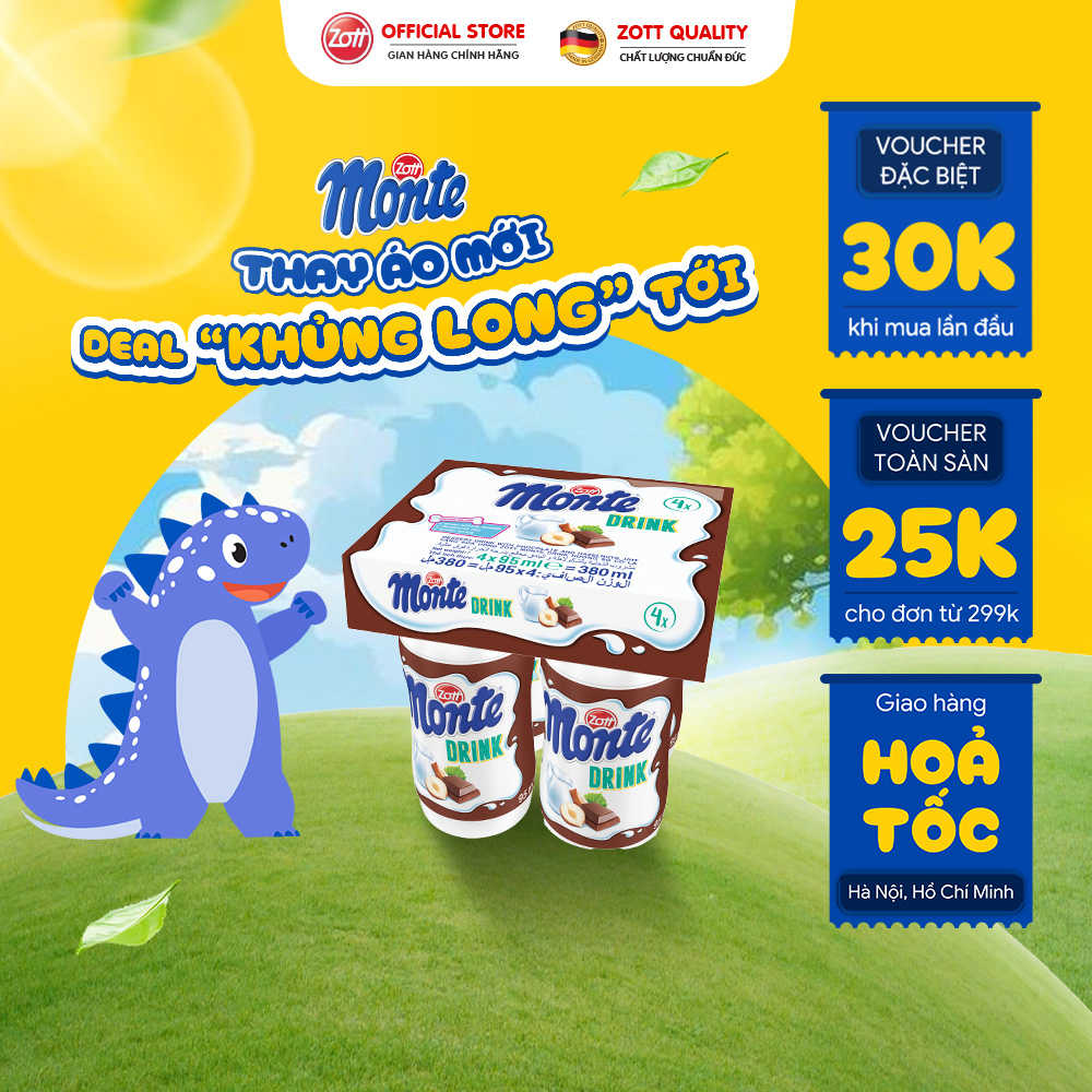 Giao Hoả tốc - Váng sữa uống Zott Monte Drink vị Socola nhập khẩu (lốc - 95ml x 4 chai) từ Sữa tươi, KHÔNG chất bảo quản