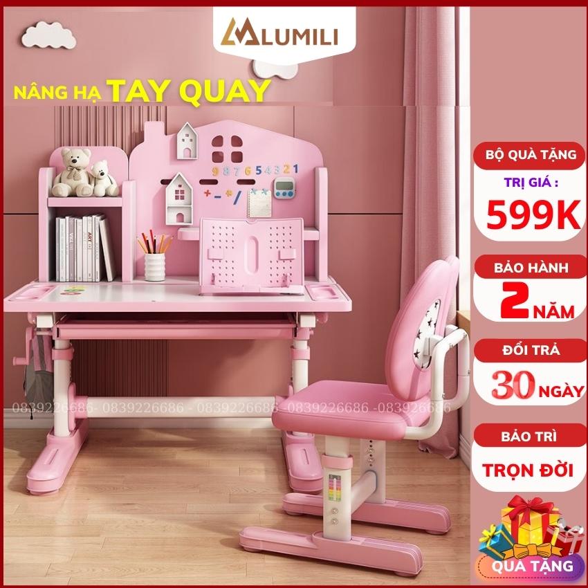 Bộ bàn ghế học sinh chống gù thông minh Lumili R20 nâng hạ tay quay điều chỉnh nghiêng mặt bàn chân bệ to, liền kệ sách thông minh