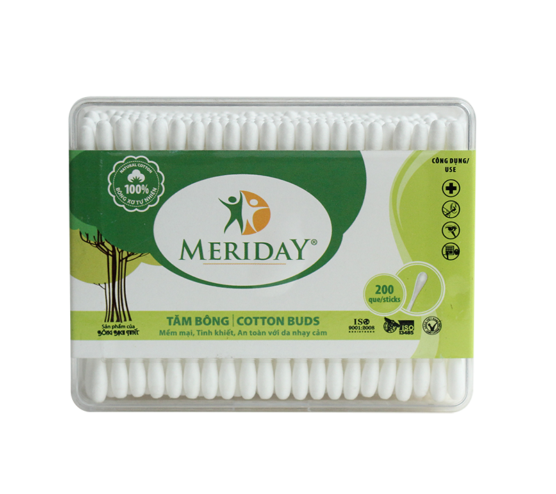 Hộp Vuông 200 Que Tăm Bông Người Lớn Meriday - Chính Hãng Bông Bạch Tuyết