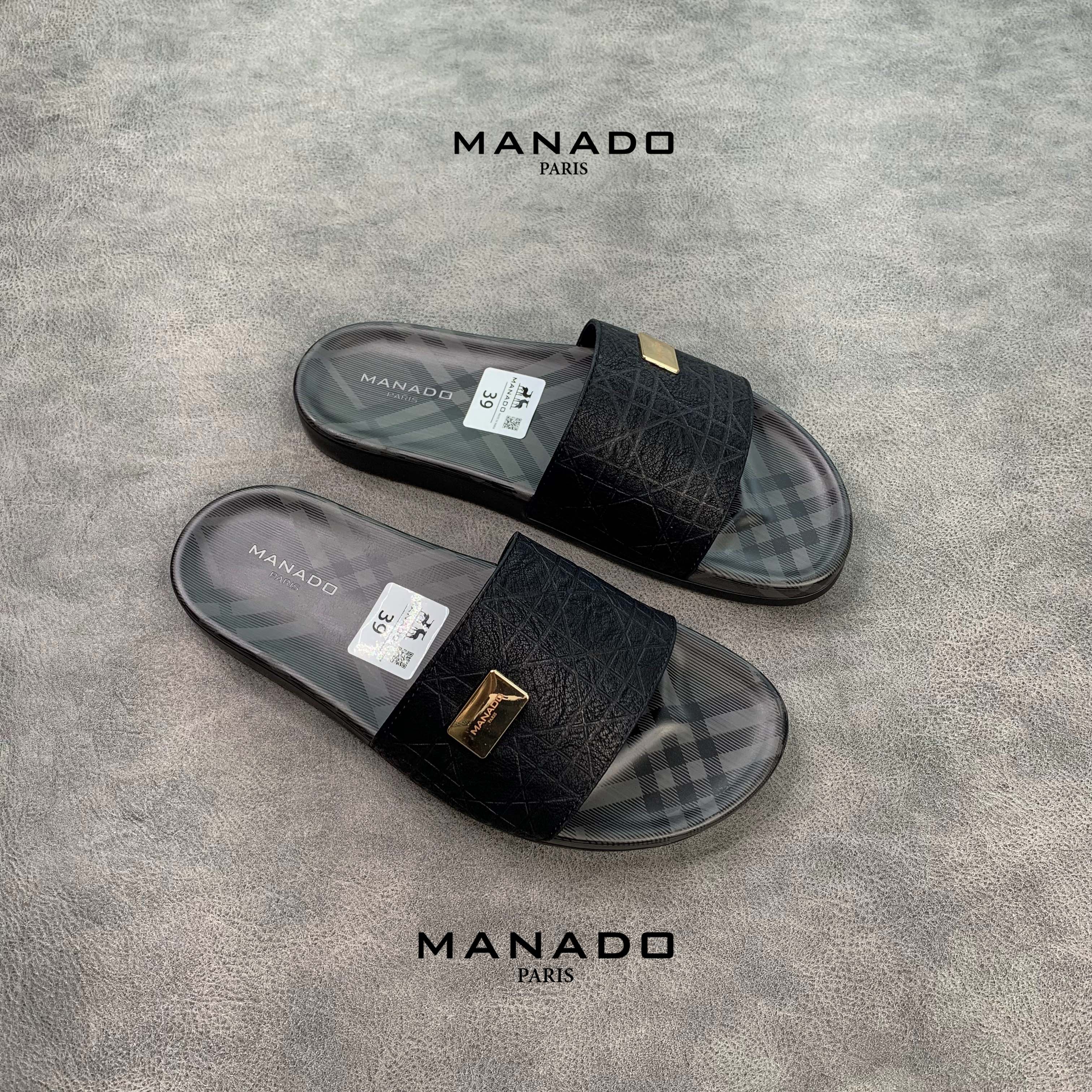 Dép quai ngang manado-chất liệu da bò, đế cao su mềm-mã mnd5 màu đen fullbox, dép chuẩn size việt, hỗ trợ đổi size