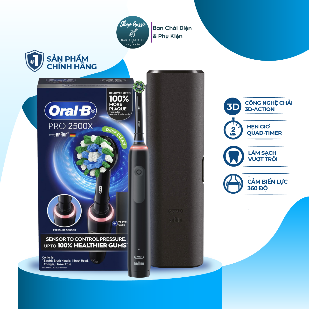 Bàn Chải Đánh Răng Điện Oral-B Pro 2500X - Hẹn Giờ Quad-Timer 4x30s, Hộp Đựng Du Lịch, Cảm Biến Lực Chải, Chế Độ Chải 3D