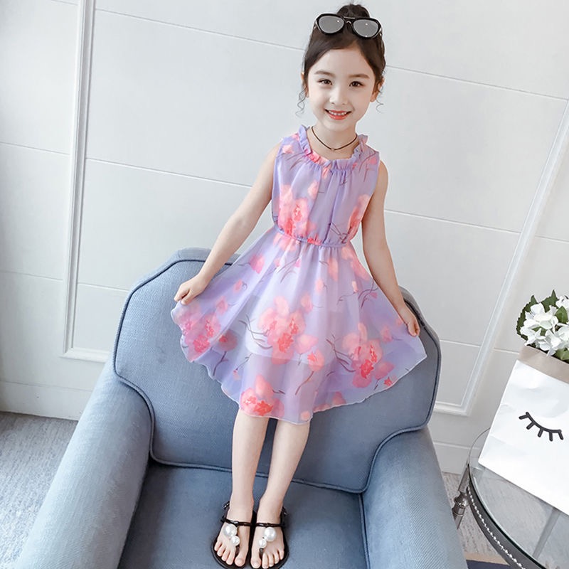 Váy đầm xoè voan lụa hoa sát nách nhiều màu dành cho bé gái mặc hè
