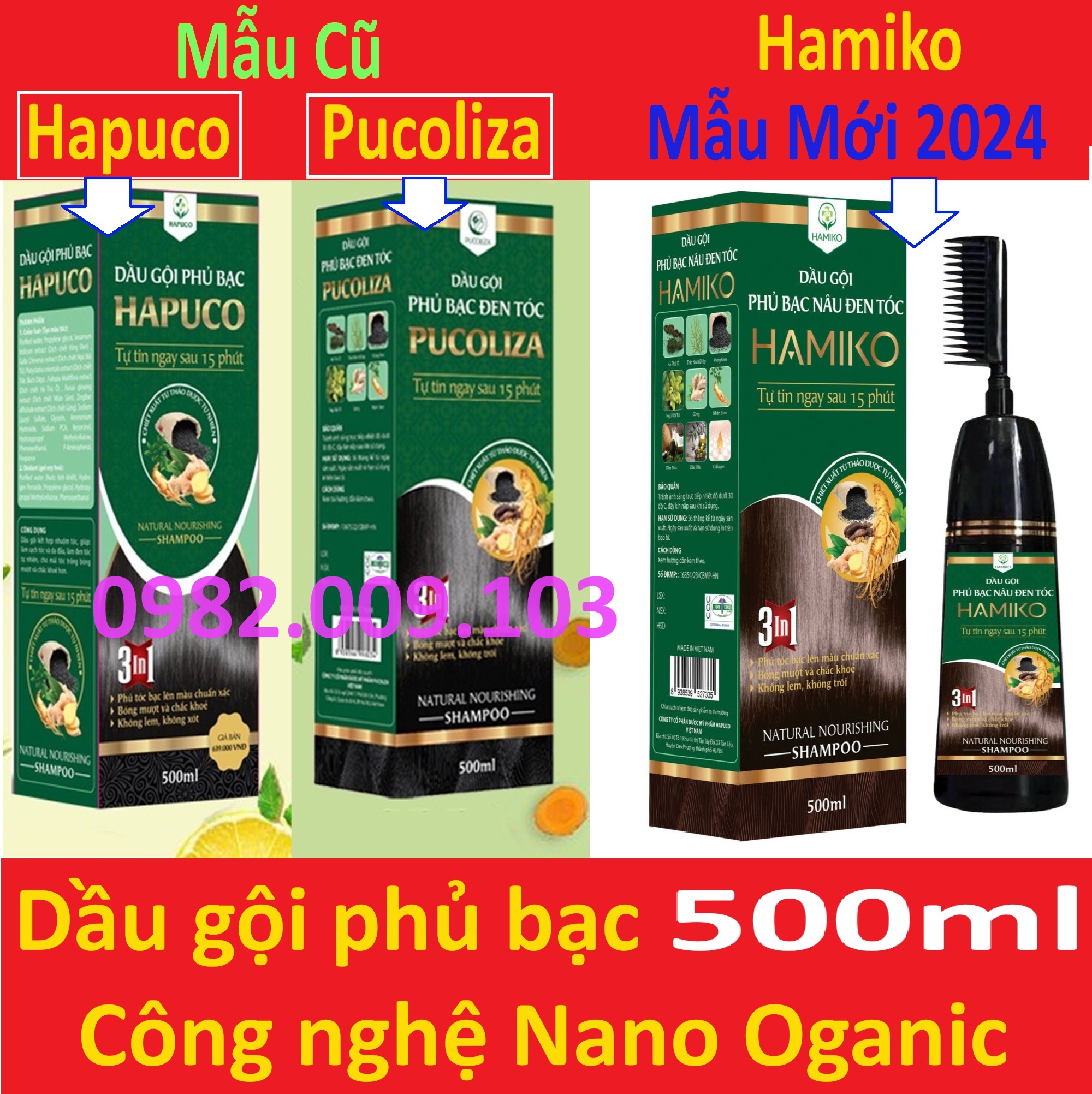 [Hoàn Tiền 20%] Dầu gội phủ bạc Hapuco pucoliza hamiko 500ml - Dầu gội nhuộm 3 màu: Nâu + hạt dẻ Đen