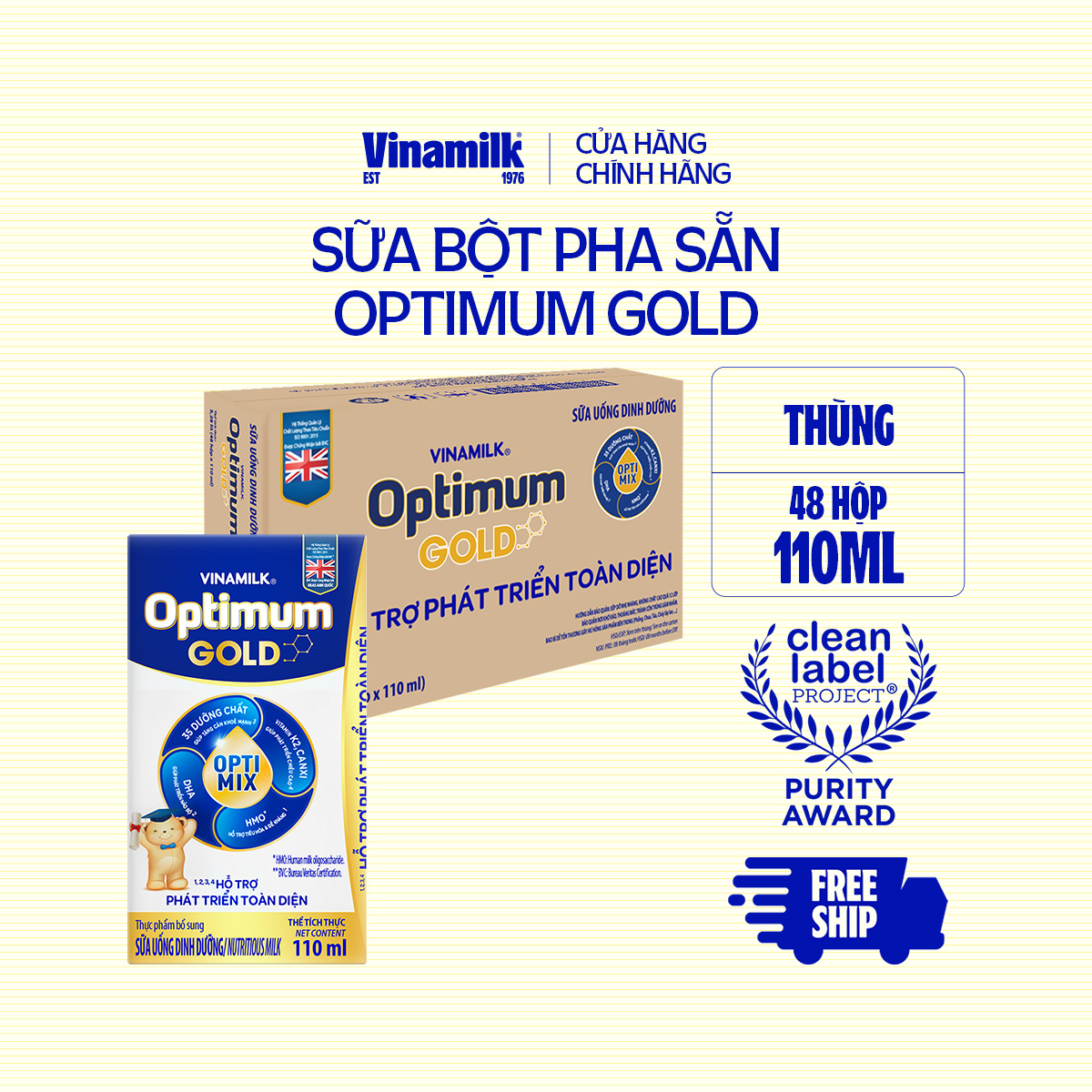 Thùng 48 hộp Sữa nước Vinamilk Optimum Gold 110ml - sữa bột pha sẵn hỗ trợ Tăng cân, chiều cao, tiêu hóa, phát triển não bộ