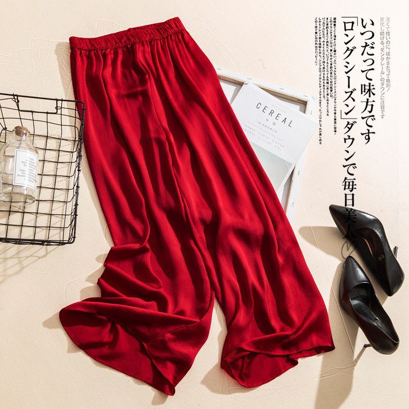 Quần lụa suông ống rộng vải lụa satin lưng thun