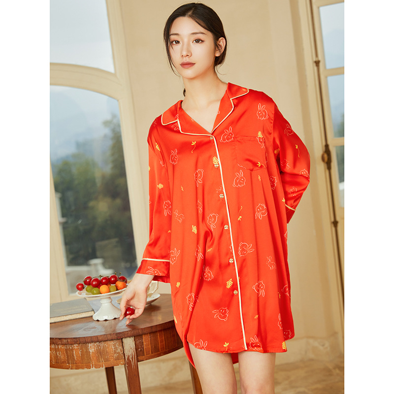 Váy Ngủ Năm Mão Cho Nữ Mùa Xuân Thu Cao Cấp Cảm Giác Băng Lụa Cho Nữ Váy Áo Sơ Mi Thỏ Lễ Hội Năm Bản Mệnh Màu Đỏ