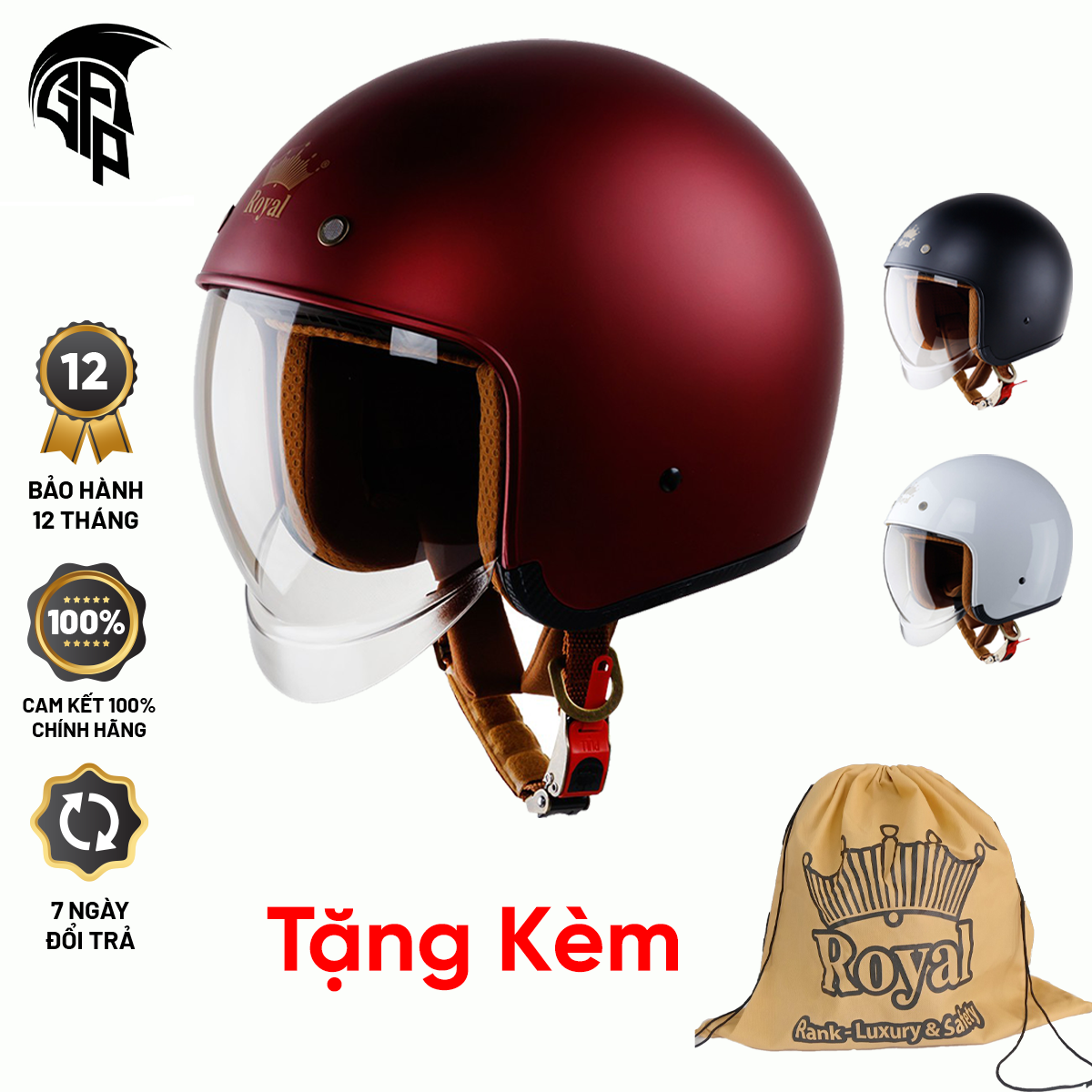 Nón bảo hiểm 3/4 kính âm Royal M139 tem nhám (kính khói) - BH 12 Tháng