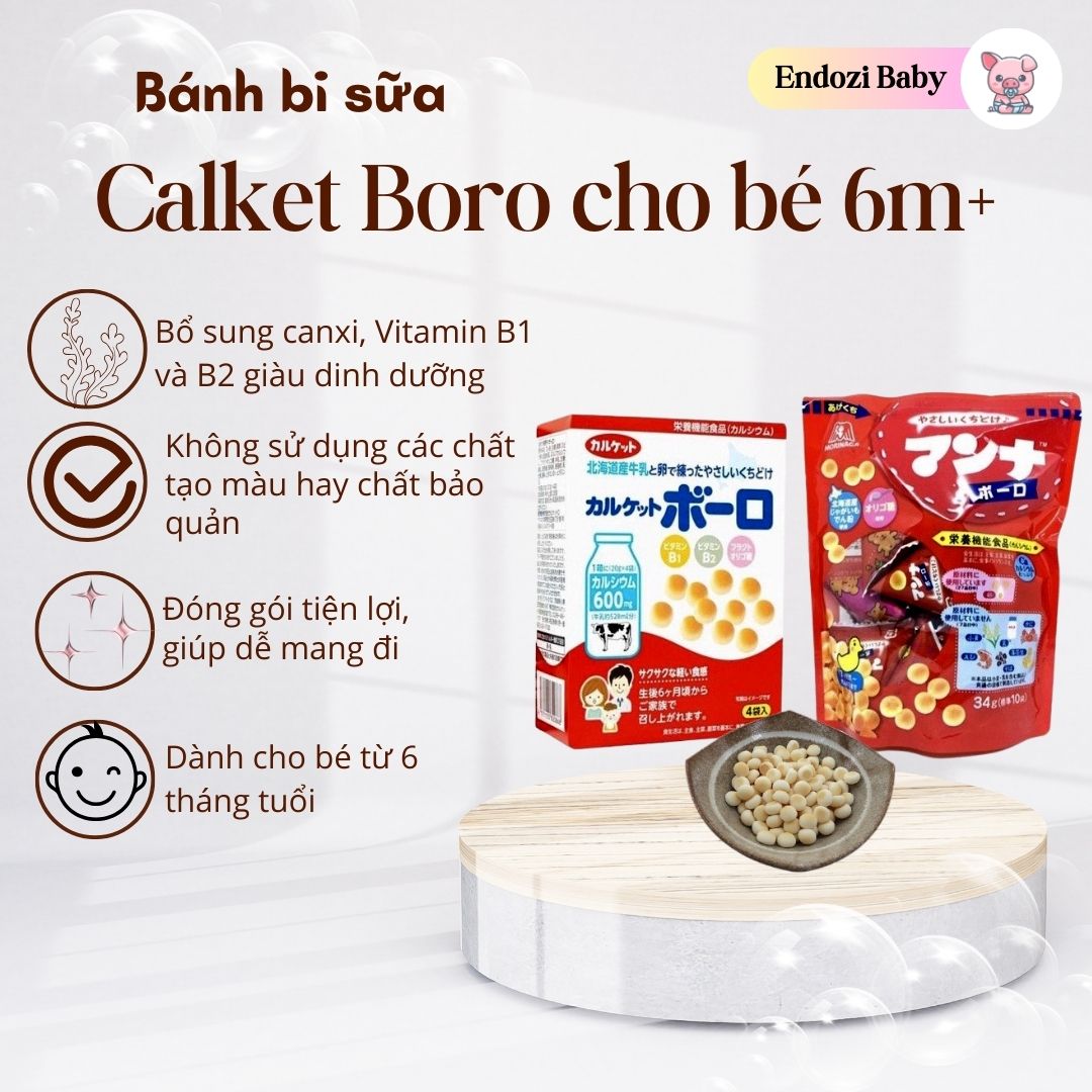 Bánh Bi Calket Boro Nhật Bản Cho Bé Ăn Dặm 6m+ Men Sữa Hộp 80g Với 4 gói x 20g Bổ Sung Canxi, Sắt, Xơ Giàu Sữa, Trứng