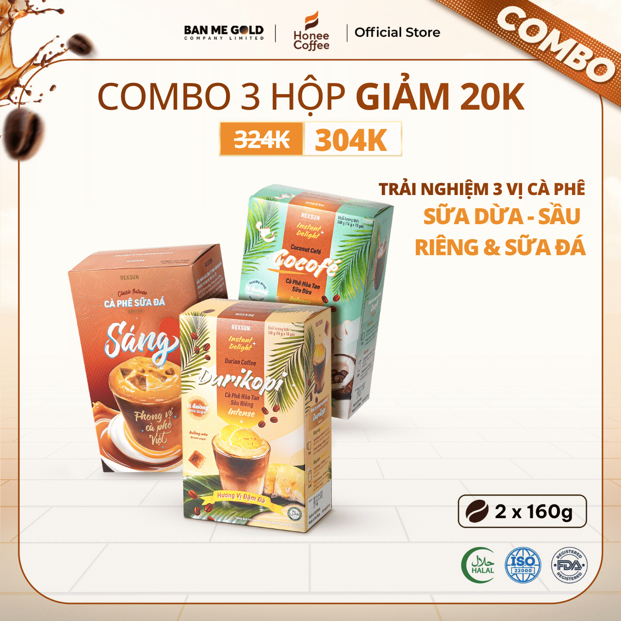 [COMBO THỬ VỊ] 3 Hộp Cà Phê Hòa Tan Sữa Dừa ĐẬM ĐÀ/Sầu Riêng ĐẬM ĐÀ/Sữa Đá ĐẬM ĐÀ - Cafe Gói Hòa Tan 3in1 - Rexsun