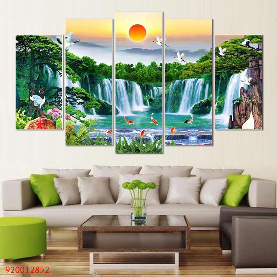 Tranh dán tường Sơn Thủy Thác Nước Cửu Ngư 3D - Tranh décor phòng khách, phòng ngủ phong cách hiện đại