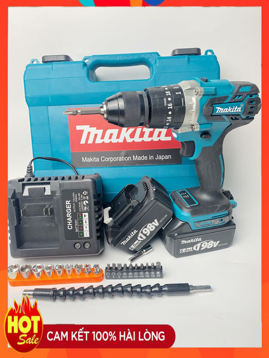 Máy khoan pin MAKITA 198V 3 chức năng có búa không chổi than FULL BOX BH 12 THÁNG