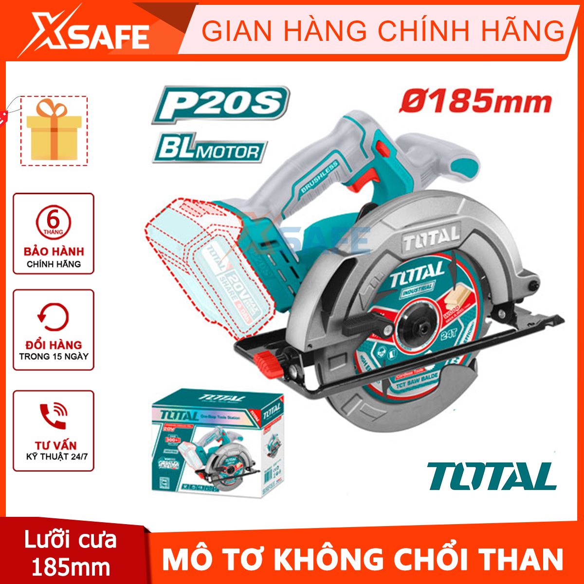 Máy cưa đĩa tròn Total TSLI1851 dùng pin 20V motor không chổi than lưỡi cửa 185mm có kèm lưỡi cưa tốc độ không tải: 4800rpm