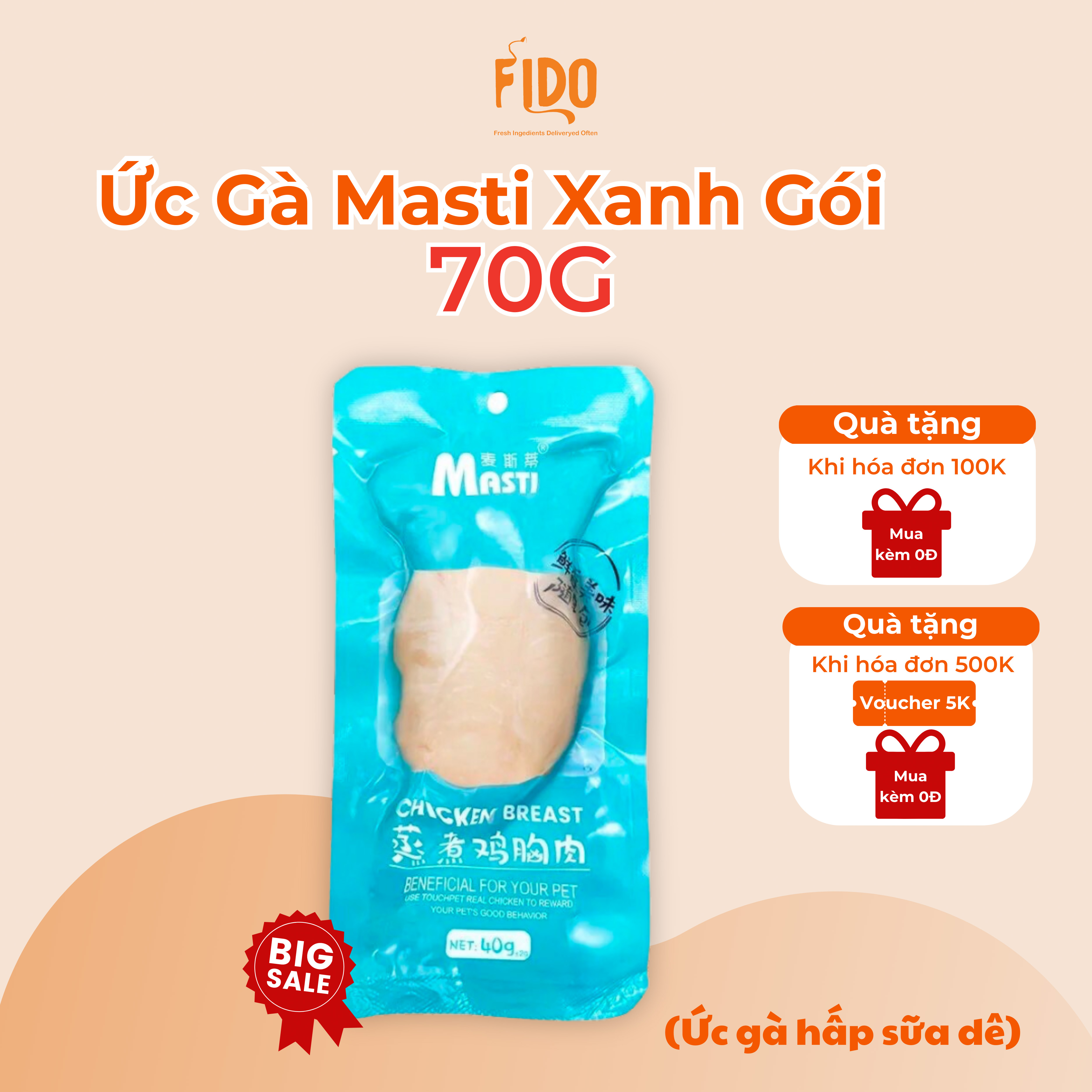Ức Gà Hấp Ăn Liền Cho Chó Mèo Masti Gói 40g - Ức Gà Hấp Sữa Dê Masti | Fido Petshop