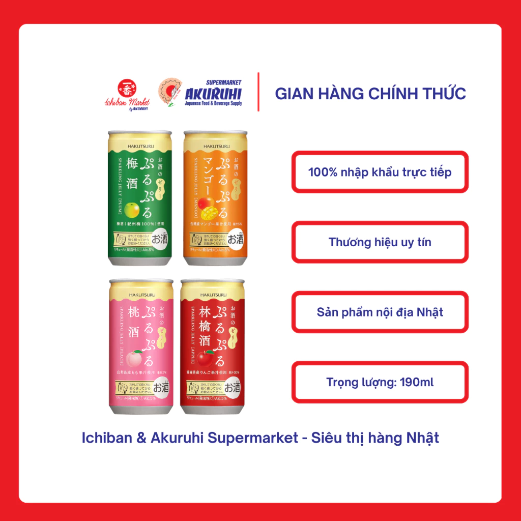 [Ichiban Market] Rượu Có Thạch Puru Puru Sparkling Jelly Vị Mơ/Đào/Táo/Xoài 190ml