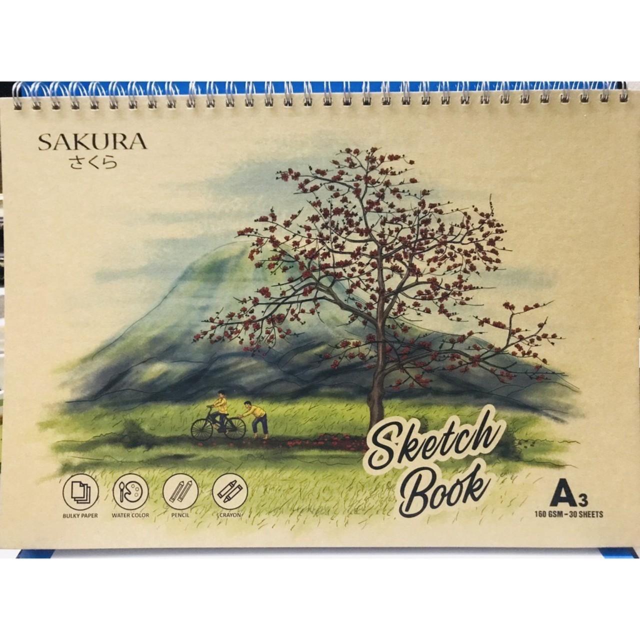 Sổ luyện vẽ sketch book sakura a3 gáy lò xo 30 tờ / 50 tờ, định lượng 160gsm dành cho vẽ chì, màu nước, acrylic
