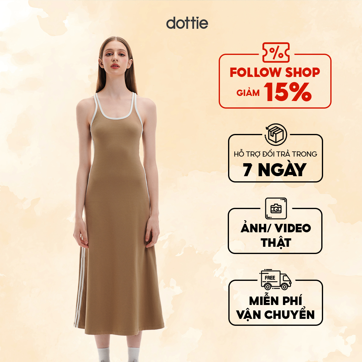 DOTTIE - Đầm midi phối viền - Nâu - D0540