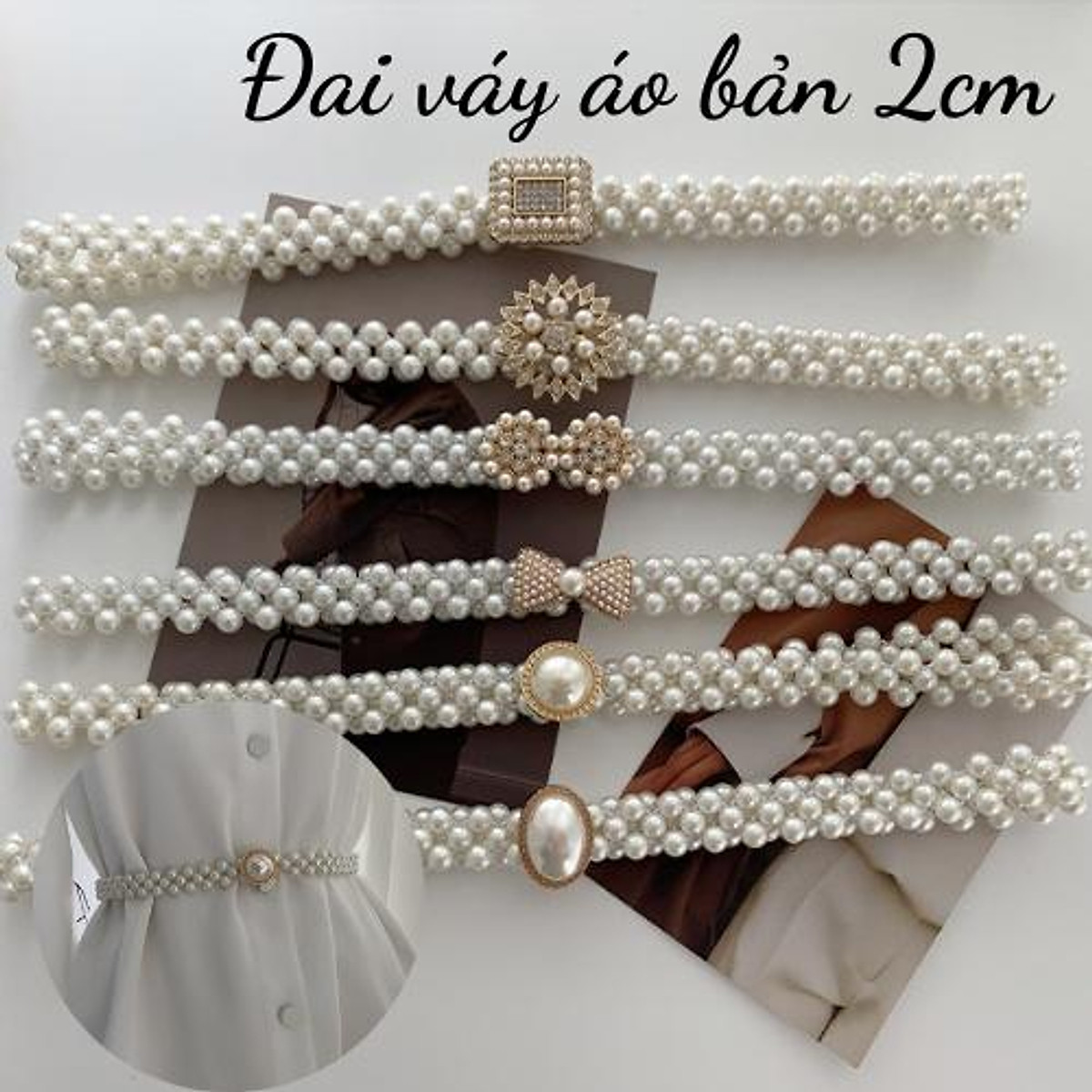 Đai váy dây ngọc trai/ Thắt lưng nữ đàn hồi bản 2cm chuỗi ngọc mặt cườm 5 mẫu SP0014