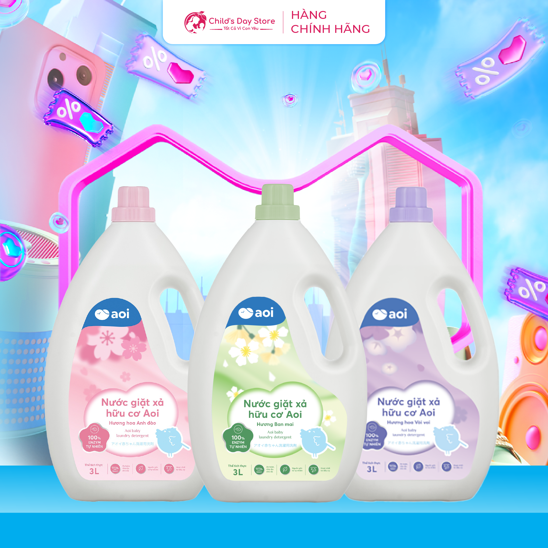   CHÍNH HÃNG  Nước Giặt Xả Hữu Cơ Aoi 3L - Dịu Nhẹ Không Kích Ứng Da Giữ Quần Áo Bé Yêu Thơm Mát Cả Ngày | FREESHIP 