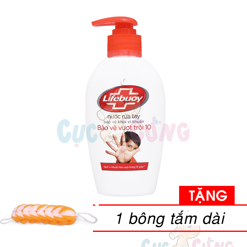 Combo 2 chai nước rửa tay LifeBuoy Đỏ bảo vệ vượt trội diệt 99,9% vi khuẩn chai 180ml Tặng 1 bông tắm màu ngẫu nhiên
