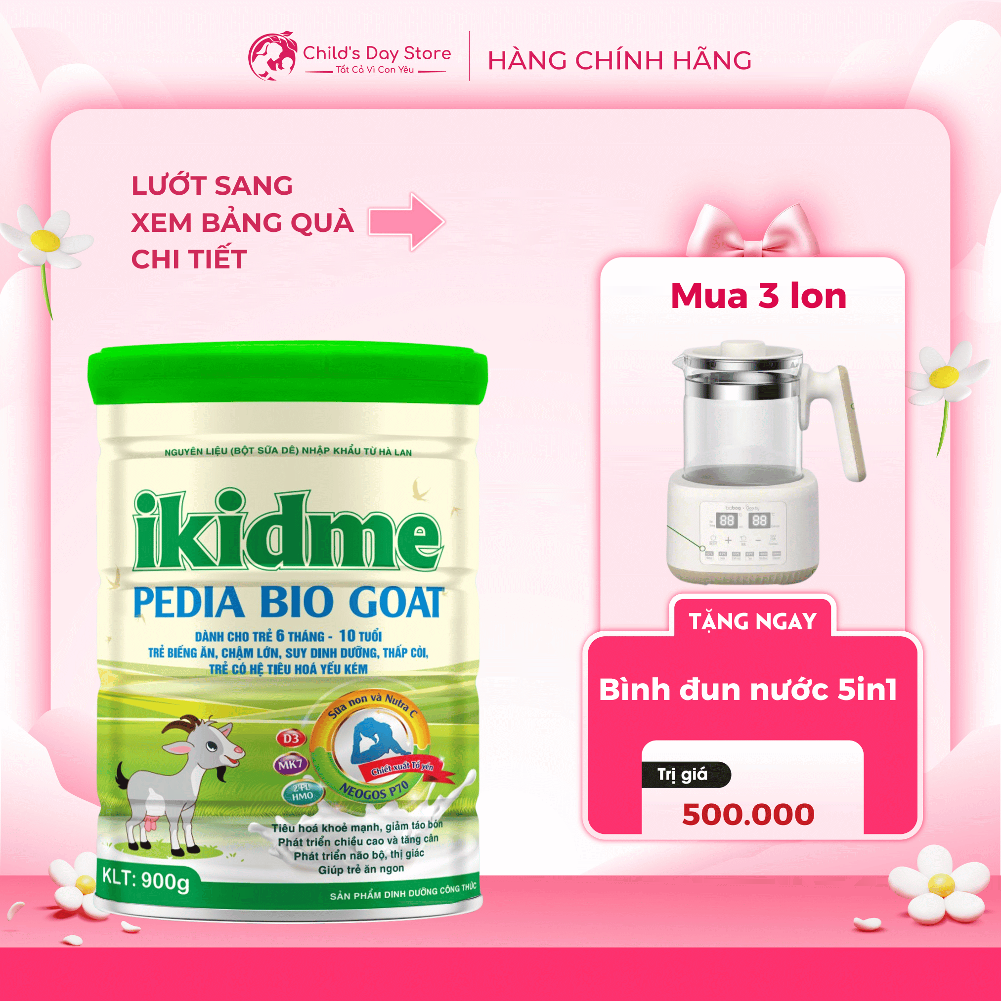  Sữa Ikidme Pedia Bio Goat 900g. Hỗ trợ trẻ biếng ăn tăng cường phát triển trí não thị giác 
