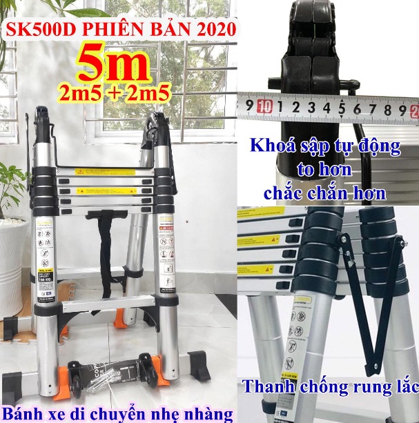 Thang Nhôm Sumika, Thang Nhôm Rút Chữ A, Thang nhôm rút đôi SUMIKA SK500D  Chữ A 2m5 – I 5m .Công Nghệ Nhật Bản ,2x8 bậc, tải trọng 300kg,