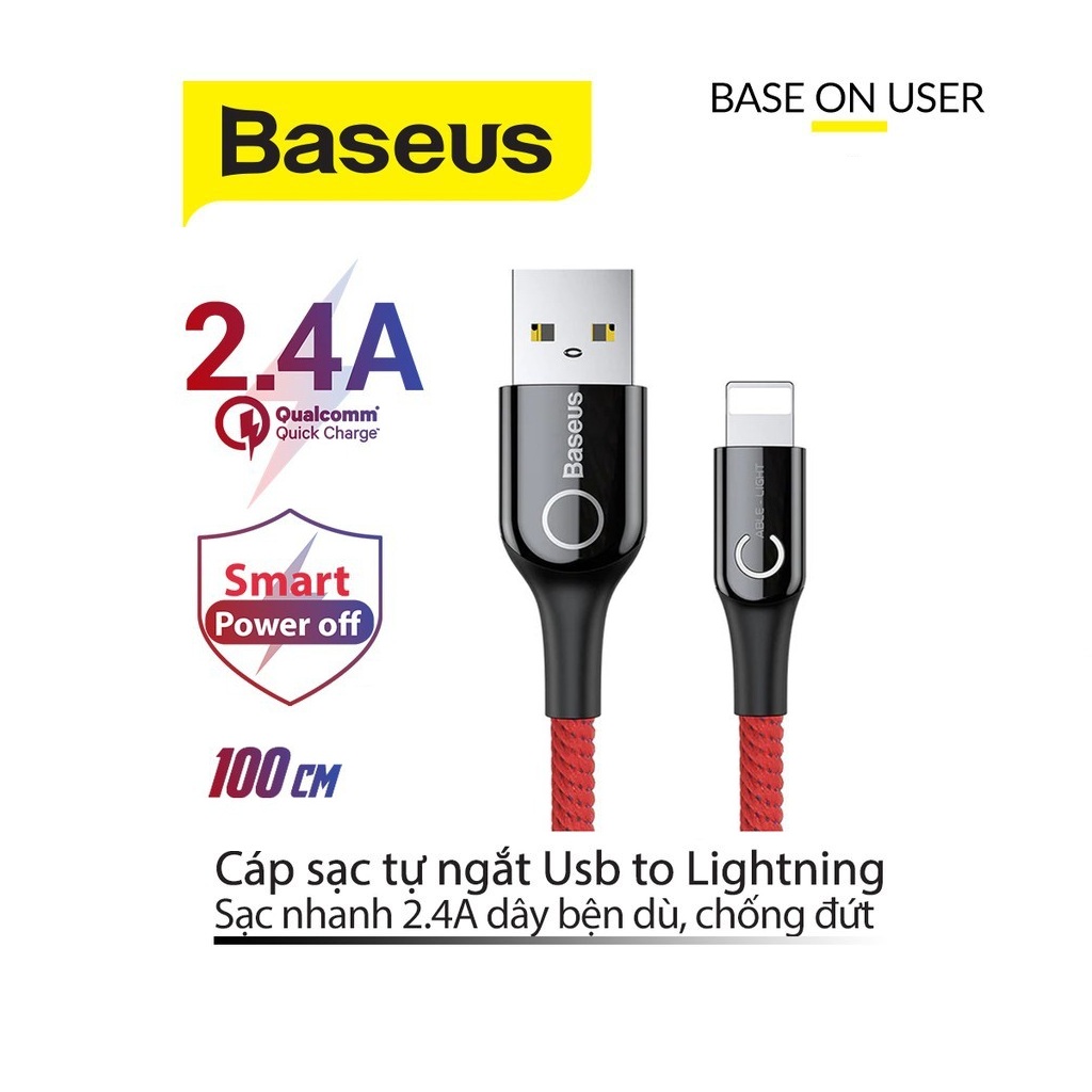 Cáp sạc 2.4A Baseus C-Shaped Lightning dây bện dù tự ngắt thông minh dài 1M cho iPhone