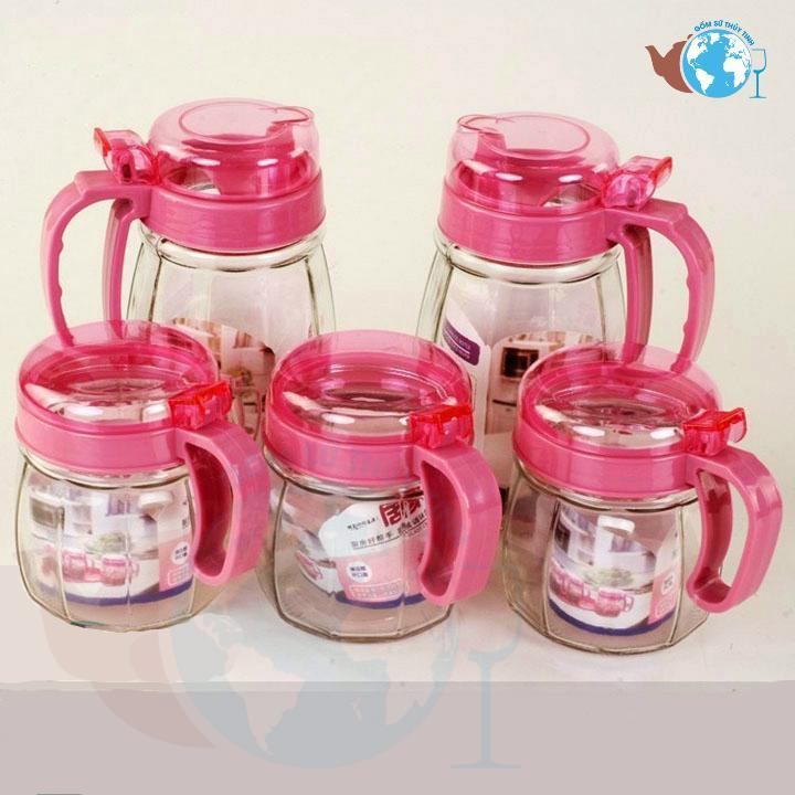 Bộ đựng gia vị thủy tinh set bộ 5 hủ gồm 2 bình rót và 3 hũ đựng