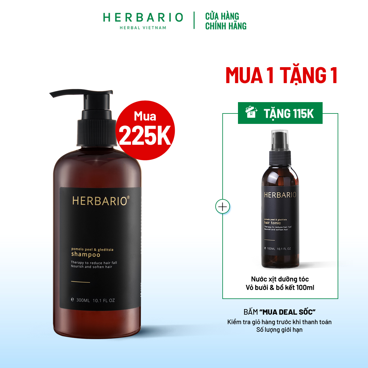 Dầu gội bưởi & Bồ kết Herbario Giảm rụng tóc 300ml