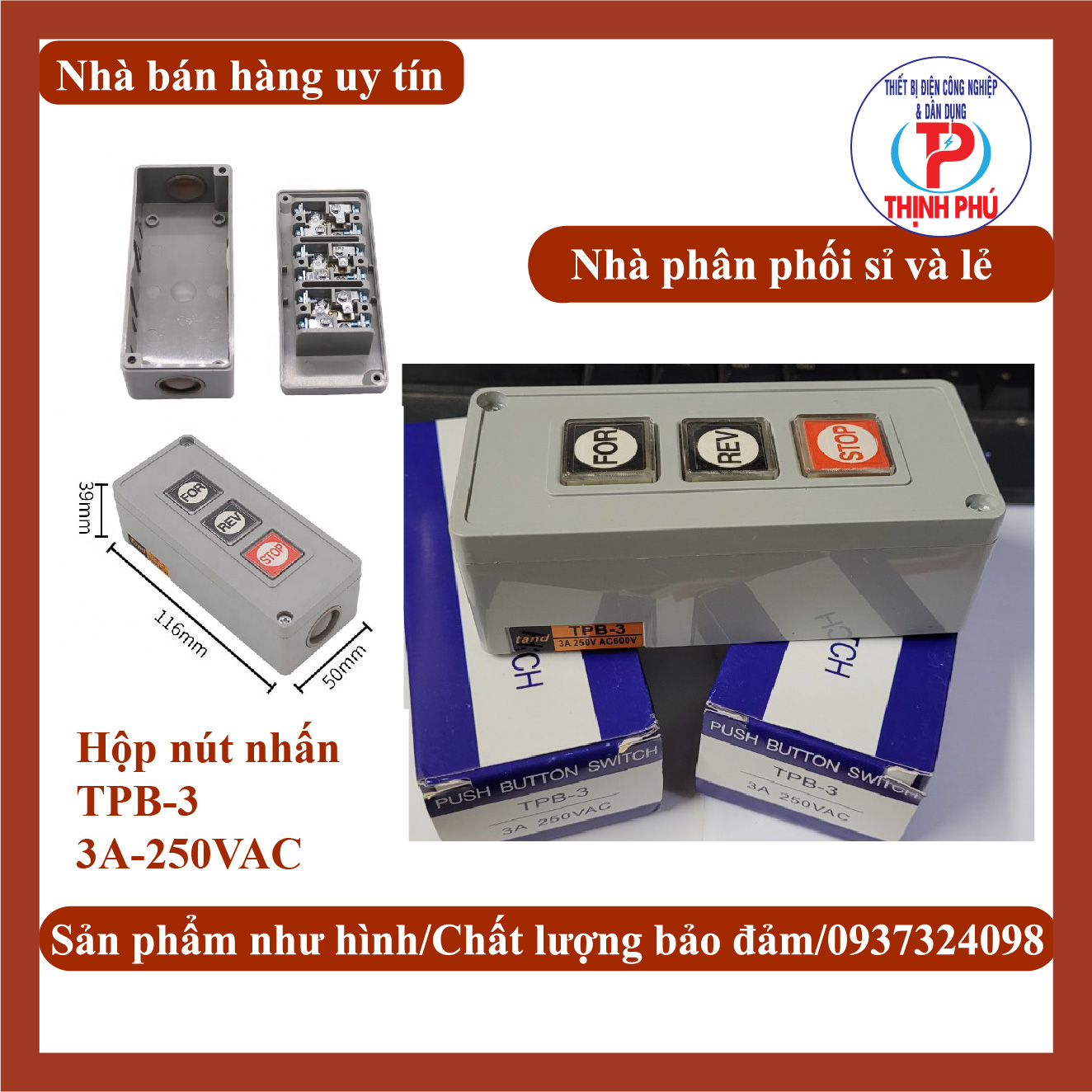 Hộp nút nhấn Tpb-3 lên xuống dừng 3A-250vac dùng cho cửa cuốn