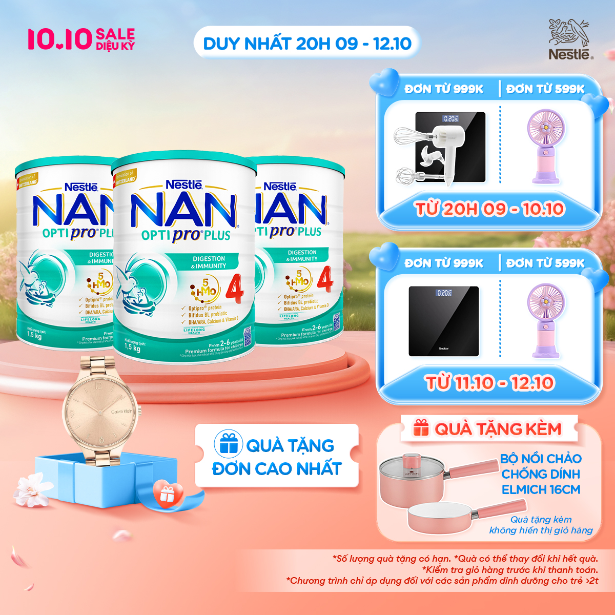 [CHỈ 20H 09/10 - 12/10 QT Đơn 599K/999K] [Tặng Bộ nồi chảo chống dính Elmich size 16cm] Bộ 3 lon Sữa bột Nestlé NAN OPTIPRO PLUS 4  với 5HMO xuất xứ Thụy Sĩ - Hộp 1500g/lon với 5HMO Giúp tiêu hóa tốt + Tăng cường đề kháng