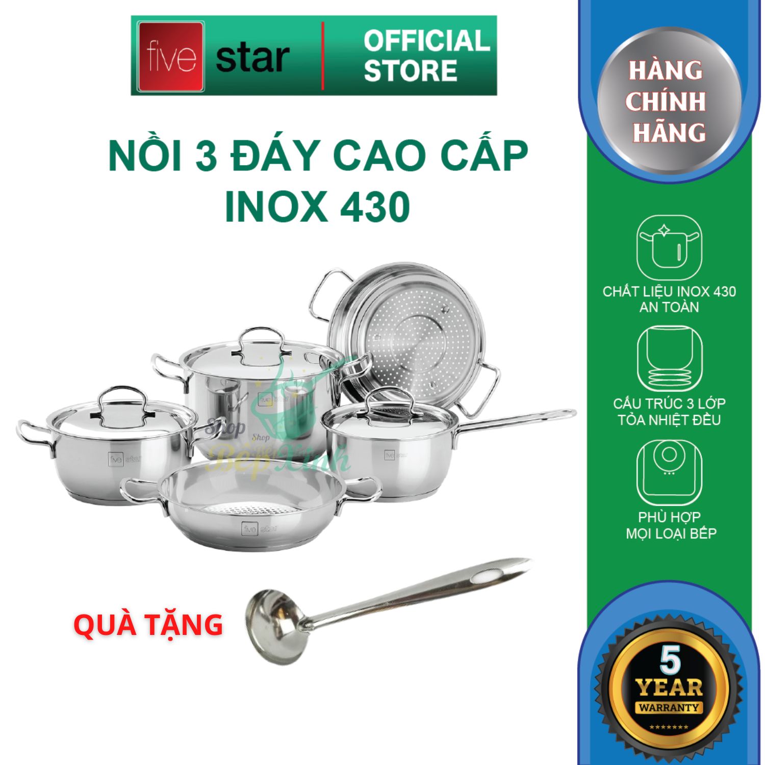 Bộ nồi inox 430 Cao cấp Fivestar 5 món nắp inox , 3 đáy dùng được mọi bếp , tặng 1 vá canh