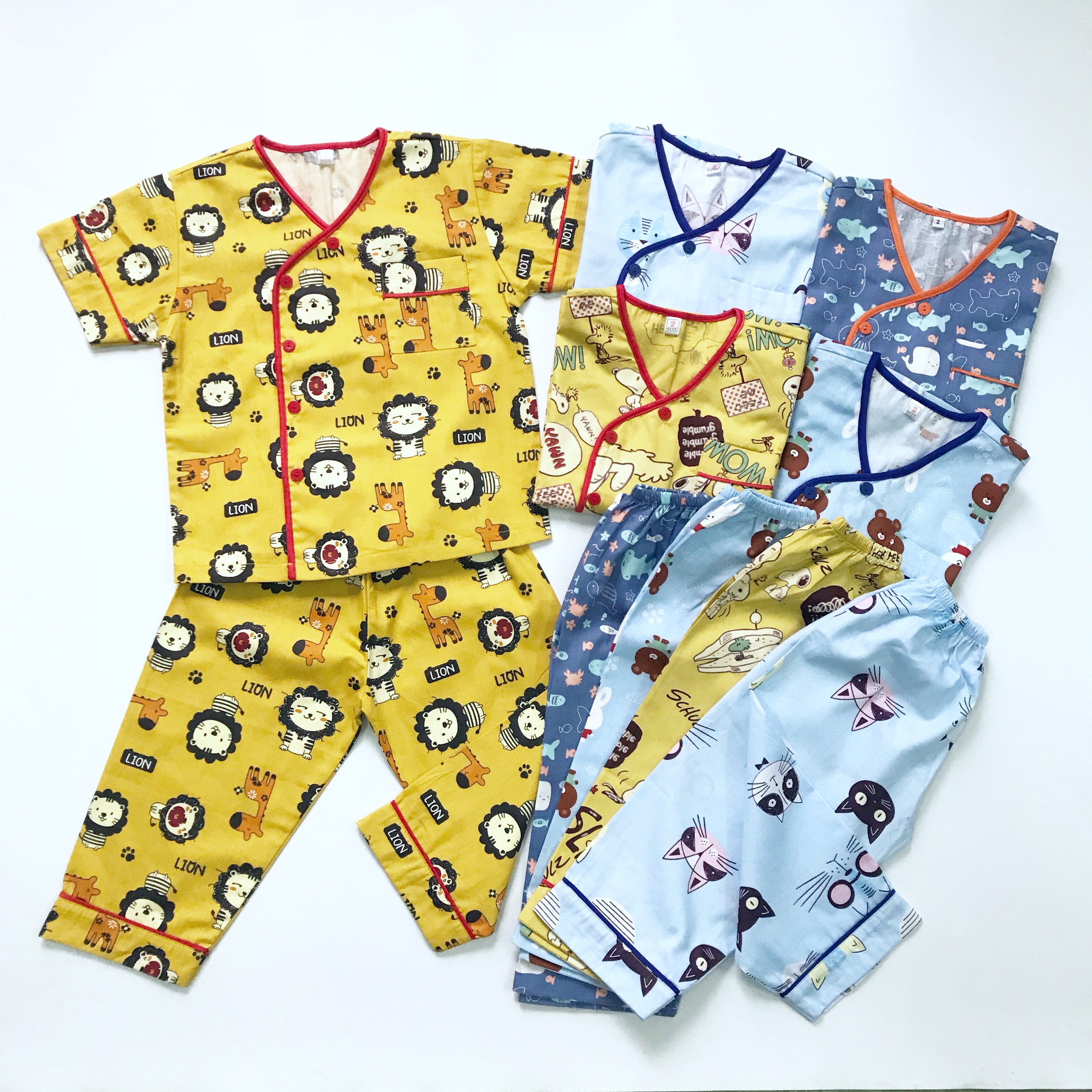Set bộ Pyjama Tay ngắn cho bé trai bé gái mặc ở nhà, mặc ngủ chất liệu vải Thô đẹp nhiều mẫu hình thú size cho bé 1-5 tuổi 10-20kg