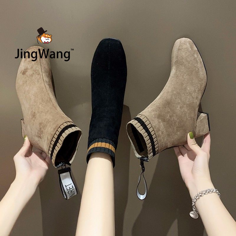 JingWangFree Shipping Miễn phí vận chuyểnGiày bốt ngắn của phụ nữ mùa thu mới tất cả các trận đấu kích thước lớn Phiên bản Hàn Quốc retro đơn giản giày cao gót giày cao gót mỏng xu hướng giày cao gót