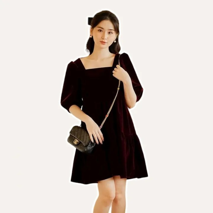 Váy kiểu nữ dáng babydoll chất nhung cổ vuông tay lỡ Linly Store V-NHU2