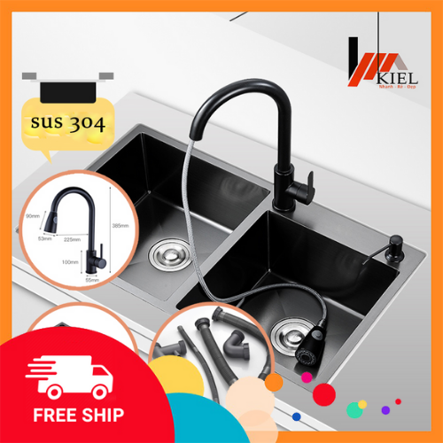 Chậu rửa bát, chậu rửa bát nano và vòi nóng lạnh phun sơn tĩnh điện đen kích thước 82x45cm chất liệu Inox 304 bảo hành 3 năm