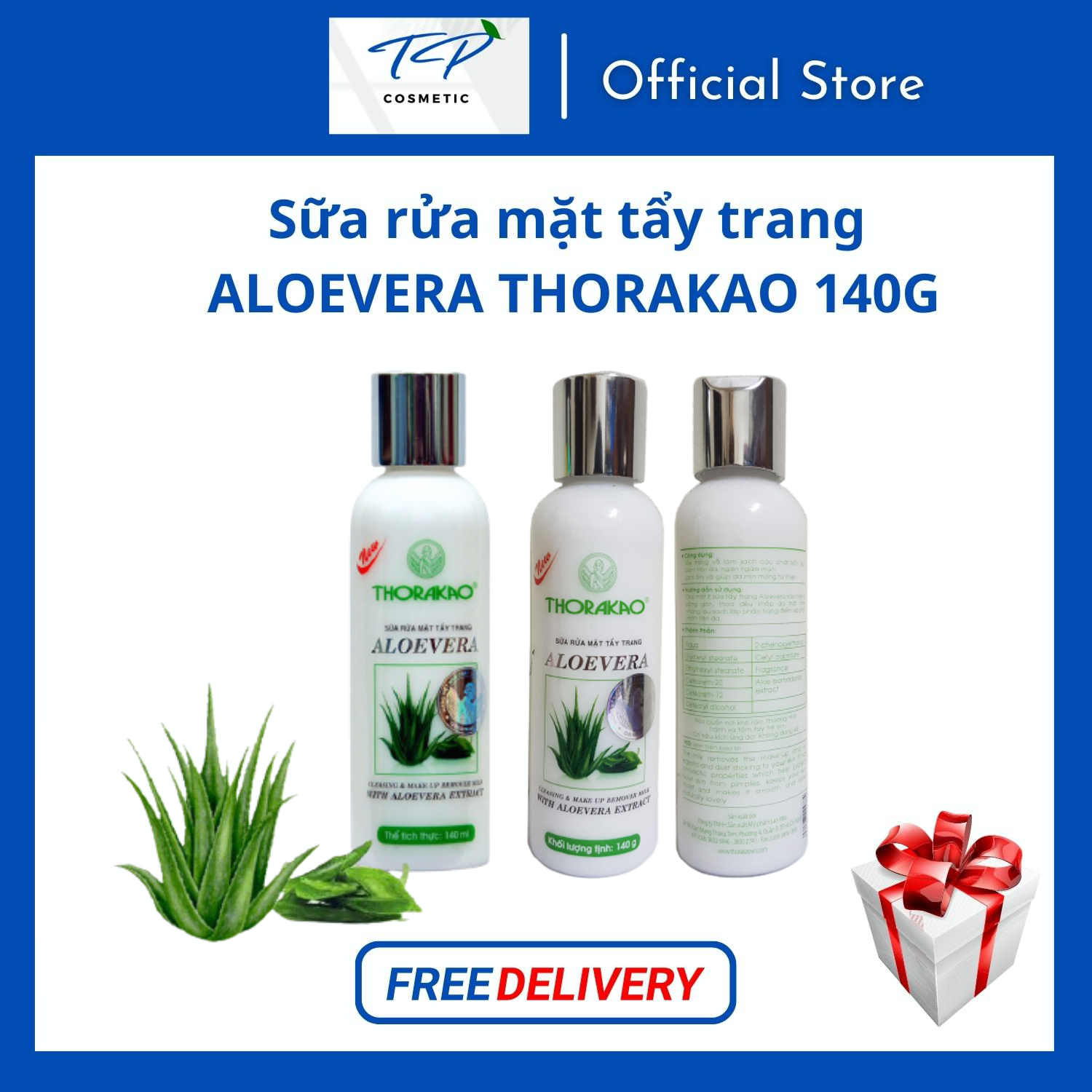 Sữa rửa mặt tẩy trang aloevera thorakao 140g: làm sạch da bả nhờn chất cặn bã ngăn ngừa mụn.