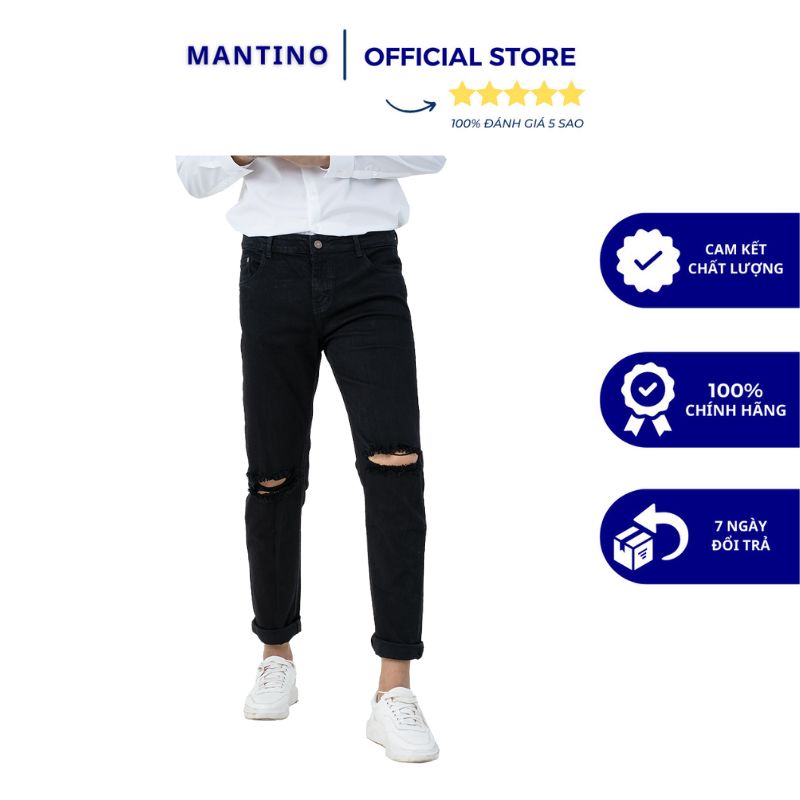 Quần jean nam rách gối màu đen vải bò co giãn, dáng ôm slim