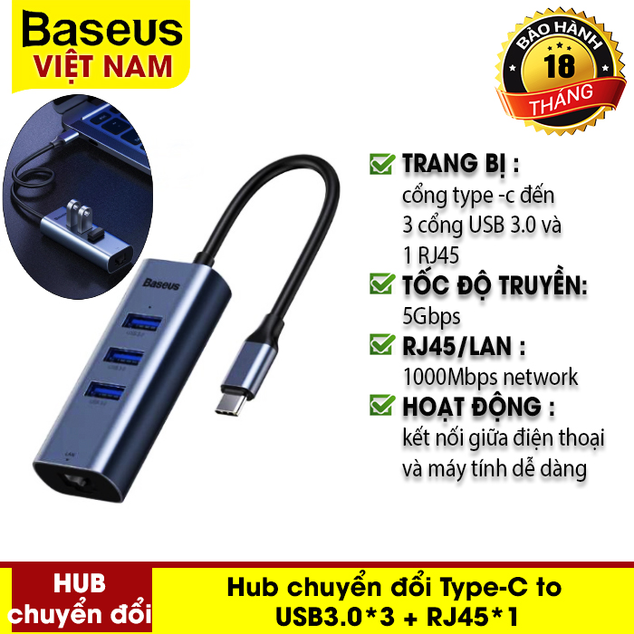 [BẢO HÀNH 12 THÁNG] Hub chuyển đổi Type-C to USB3.0*3 + RJ45*1 cho Macbook Air Pro Samsung Huawei