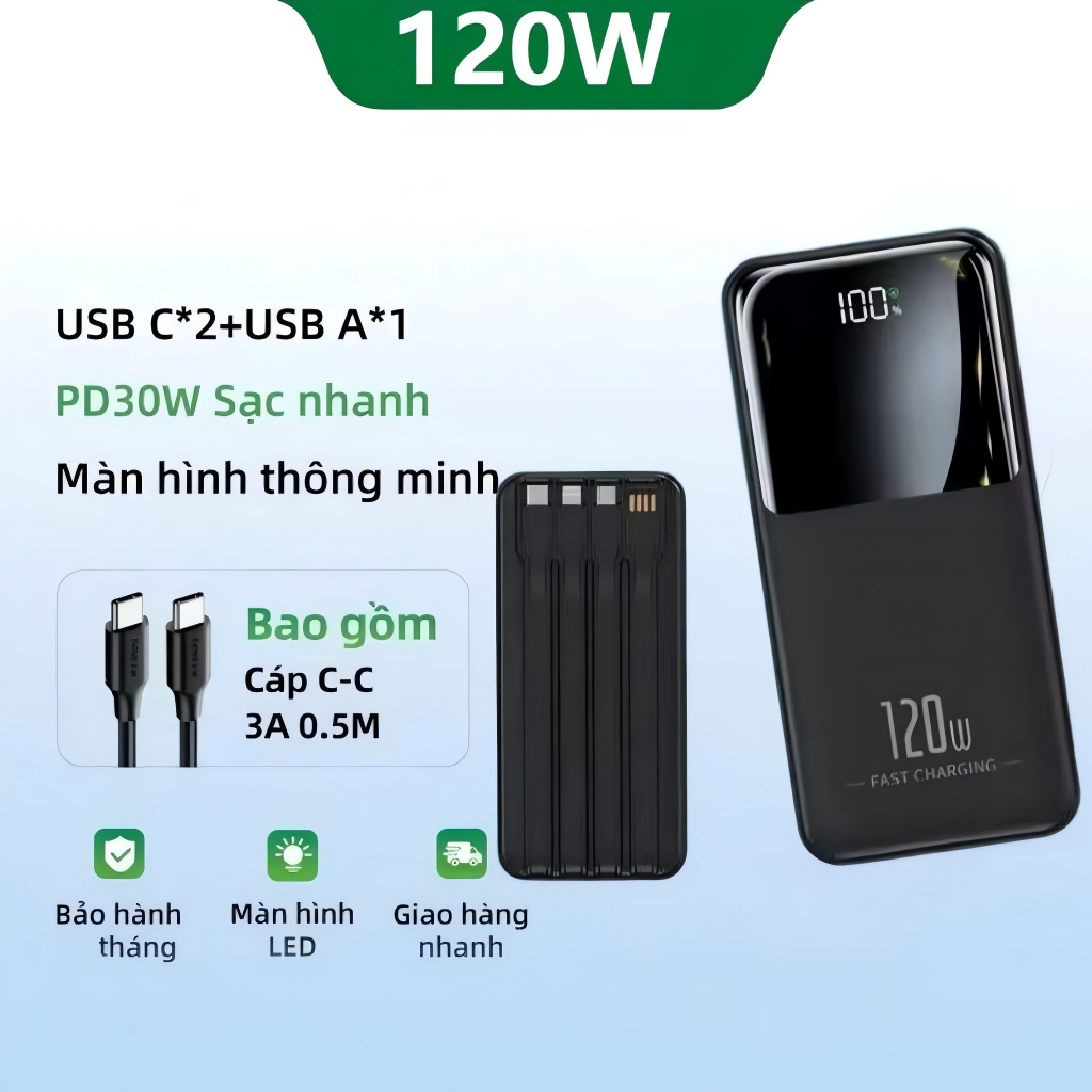 Sạc dự phòng 90000mAh sạc nhanh 120W pin PD20W dung lượng lớn có dây cắm nhiều điện thoại sạc sự Dựng phòng LED