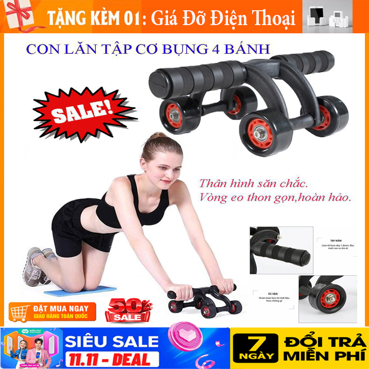 [ Miễn Phí Vận Chuyển ] Dụng cụ tập gym, Con Lăn 4 Bánh, Dụng Cụ giúp Lấy Vòng Eo Săn Chắc Chỉ Sau 3 Tuần ( Tặng Kèm Miếng Đệm Mút Đầu Gối ) Mua Ngay Lỗi 1 Đổi 1 Trong 7 Ngày