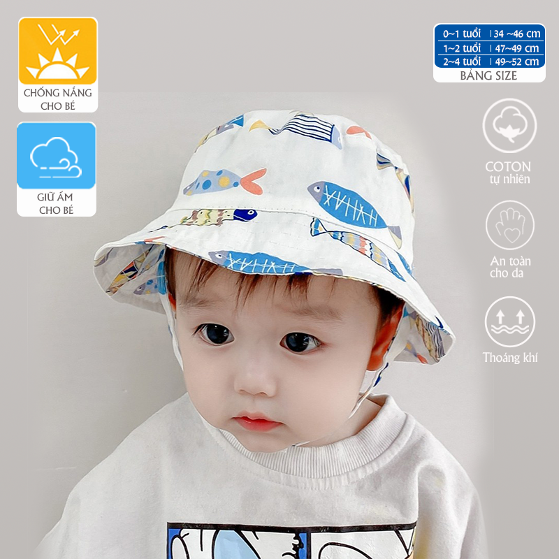 [HCM] Mũ nón bé trai bé gái tai bèo hoạ tiết hoạt hình cá in sắc nét siêu dễ thương chất liệu cotton mềm mịn HÀN QUỐC, dây chống rơi khoá dán tiện lợi