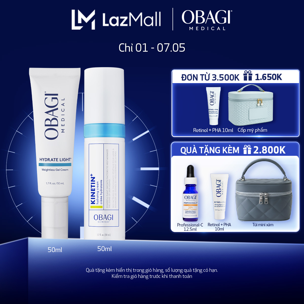 Bộ đôi Kem Dưỡng Phục Hồi Làm Dịu Da Obagi Clinical Kinetin+ Hydrating 50ml và Kem dưỡng ẩm mỏng nhẹ Obagi Medical Hydrate Light Weightless Gel Cream 48g