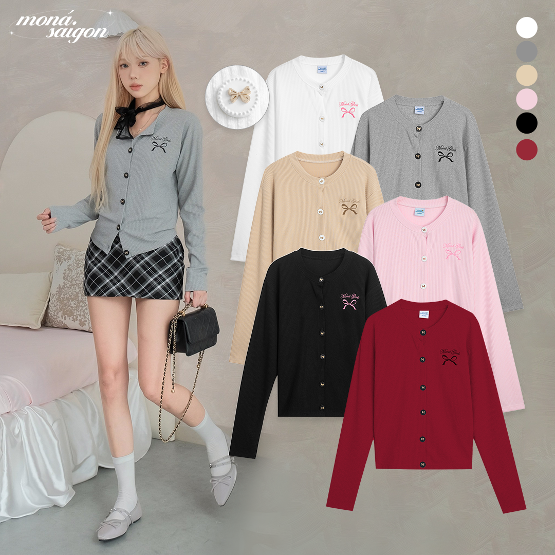 Áo khoác thun gân cardigan tay dài thêu nơ moná - bow top