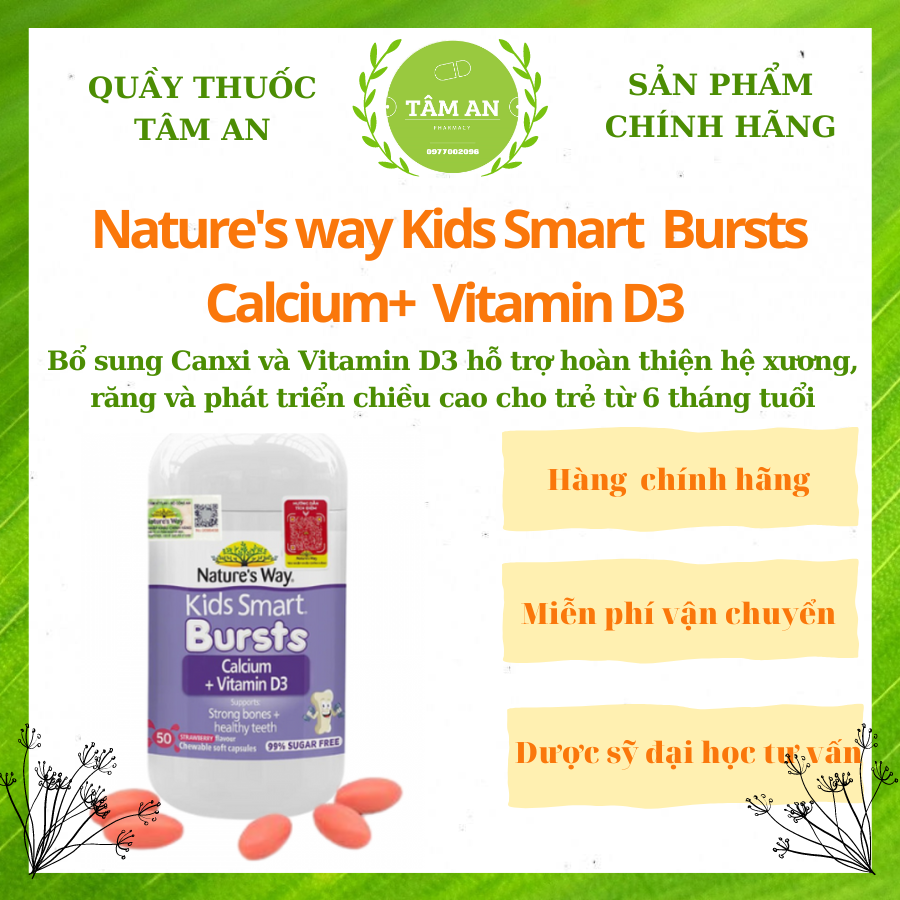 Viên nhai Nature's Way Kids Smart Calcium + Vitamin D3 Bursts cho bé- Bổ sung Canxi- D3 giúp phát triển chiều cao