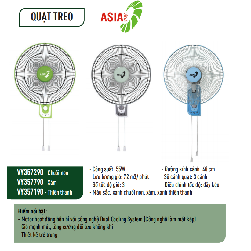 Quạt treo tường 2 dây asia vina 4 tất 55w vy357192/vy357792 - hàng chính hãng