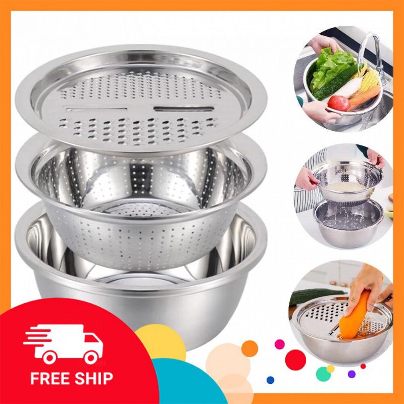 Rổ nạo củ quả bào sợi inox tích gọn 3 in 1 cao cấp