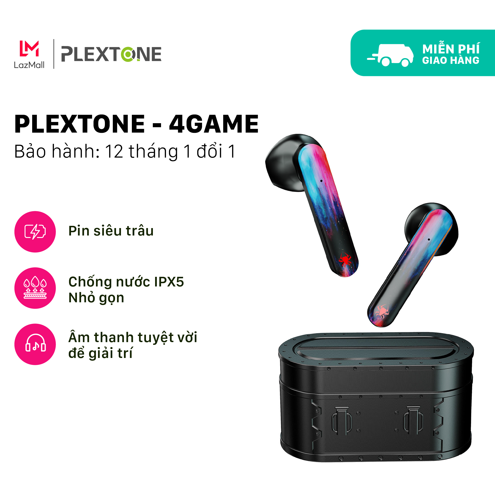 Tai nghe bluetooth không dây Plextone 4Game, tai nghe true wireless độ trễ thấp 40ms, pin 4 tiếng, thích hợp chơi game, khoảng cách kết nối 15m, bộ sạc có thể sạc 4-6 lần, trọng lượng nhẹ,bảo hành 12 tháng 1 đổi 1.